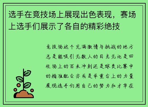 选手在竞技场上展现出色表现，赛场上选手们展示了各自的精彩绝技